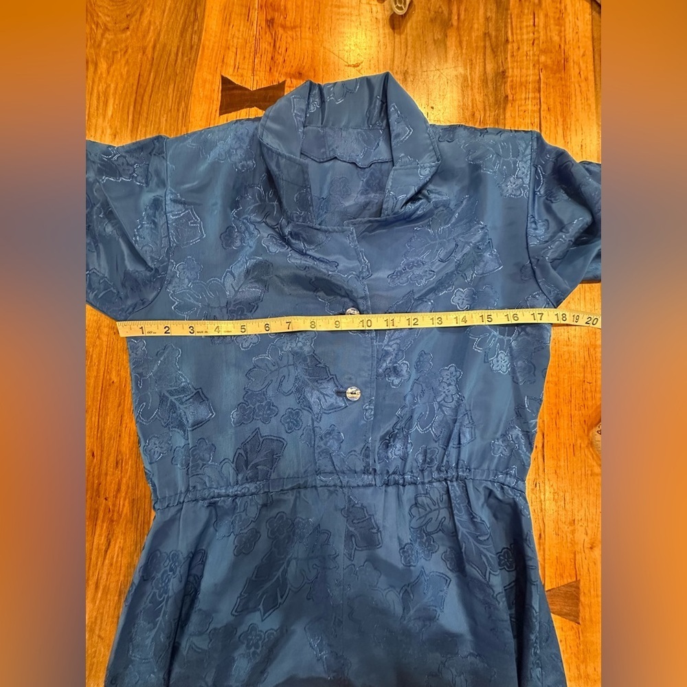 Vintage 80s Royal Blue Floral Jacquard Midi Dress Short Sleeve Retro Minimalist - Picture 8 of 9